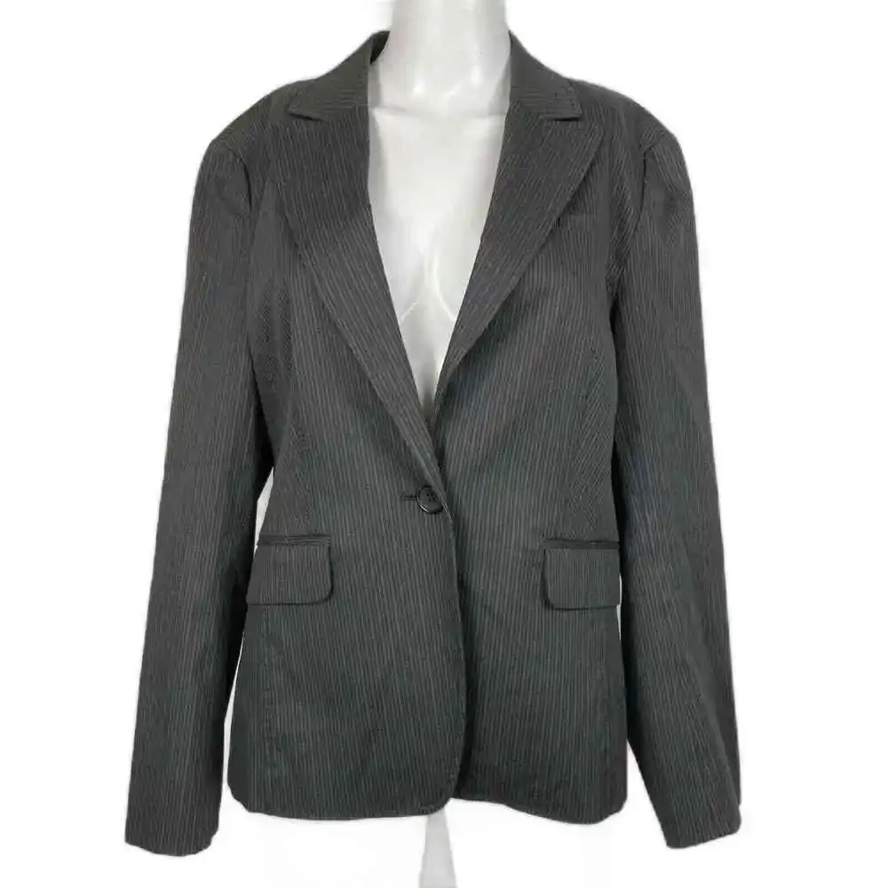 Banana‎ Republic Blazer Womens Sz 12P Petite Gray Stripe Cotton Jacket Stretch